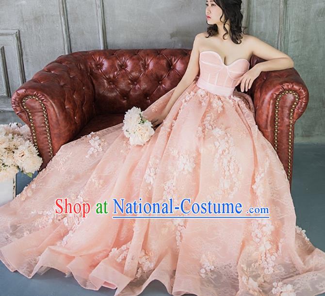 Top Grade Compere Pink Veil Bubble Full Dress Princess Embroidered Wedding Dress Costume for Women