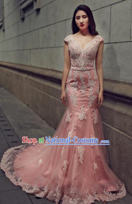 Top Grade Compere Pink Veil Trailing Full Dress Princess Embroidered Wedding Dress Costume for Women