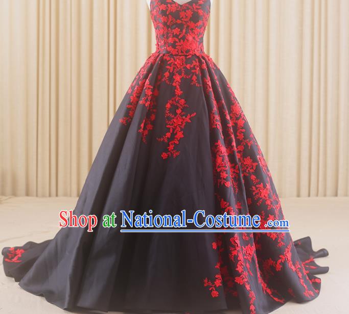 Top Grade Compere Black Trailing Full Dress Princess Embroidered Wedding Dress Costume for Women