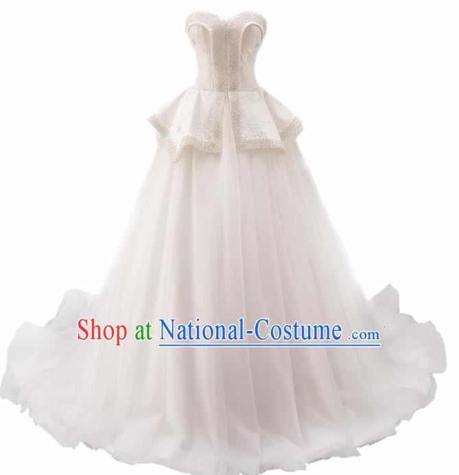 Top Grade Compere White Veil Trailing Full Dress Princess Embroidered Wedding Dress Costume for Women