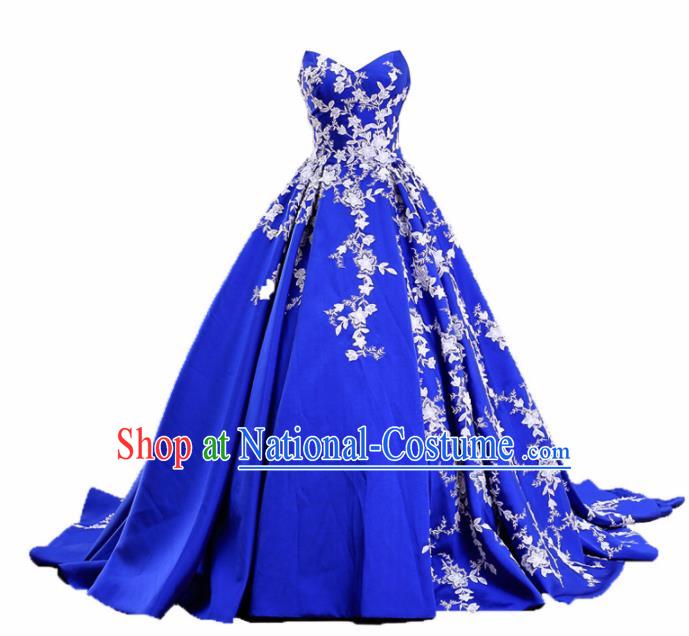 Top Grade Compere Royalblue Trailing Full Dress Princess Embroidered Wedding Dress Costume for Women