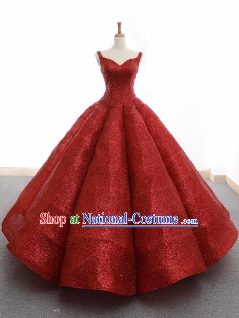 Top Grade Compere Wine Red Veil Bubble Full Dress Princess Embroidered Wedding Dress Costume for Women