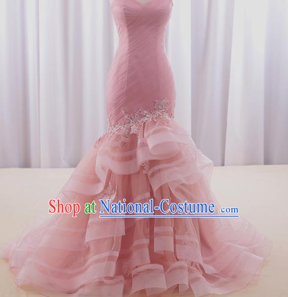 Top Grade Compere Pink Veil Fishtail Full Dress Princess Embroidered Wedding Dress Costume for Women