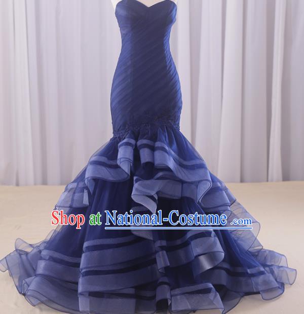 Top Grade Compere Royalblue Veil Fishtail Full Dress Princess Embroidered Wedding Dress Costume for Women