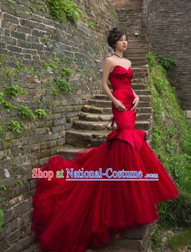 Top Grade Compere Red Veil Fishtail Trailing Full Dress Princess Embroidered Wedding Dress Costume for Women