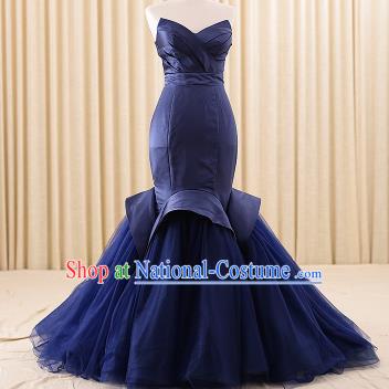 Top Grade Compere Navy Veil Fishtail Trailing Full Dress Princess Embroidered Wedding Dress Costume for Women