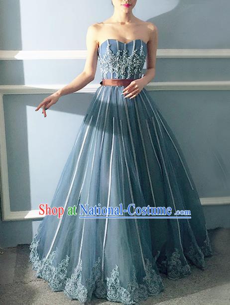 Top Grade Compere Blue Veil Full Dress Princess Embroidered Wedding Dress Costume for Women