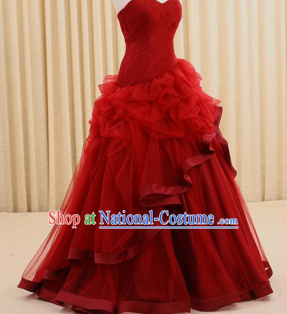 Top Grade Compere Red Veil Full Dress Princess Embroidered Wedding Dress Costume for Women