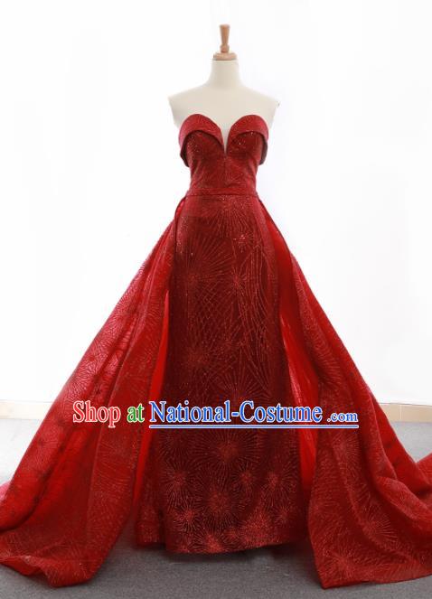 Top Grade Compere Wine Red Veil Trailing Full Dress Princess Embroidered Wedding Dress Costume for Women