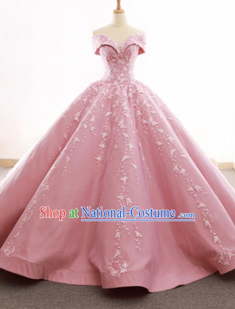 Top Grade Compere Pink Trailing Full Dress Princess Embroidered Wedding Dress Costume for Women