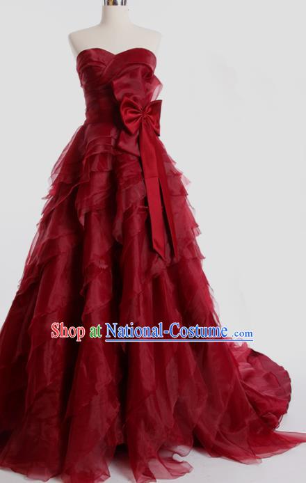 Top Grade Compere Wine Red Veil Full Dress Princess Trailing Wedding Dress Costume for Women