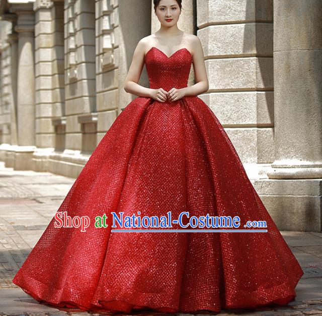 Top Grade Compere Red Veil Bubble Full Dress Princess Embroidered Wedding Dress Costume for Women