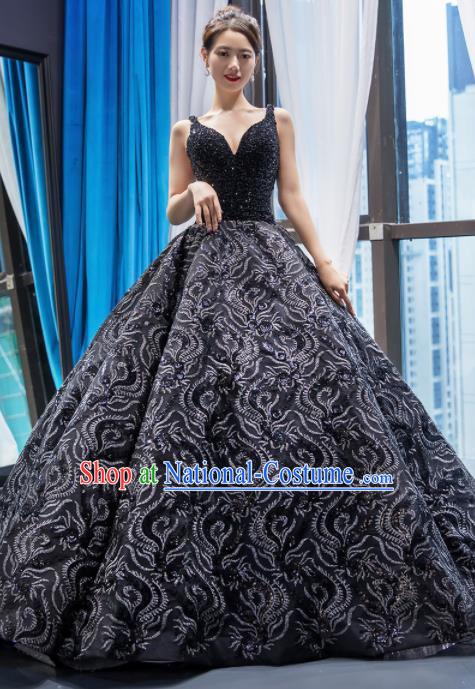 Top Grade Compere Embroidered Navy Full Dress Princess Trailing Wedding Dress Costume for Women