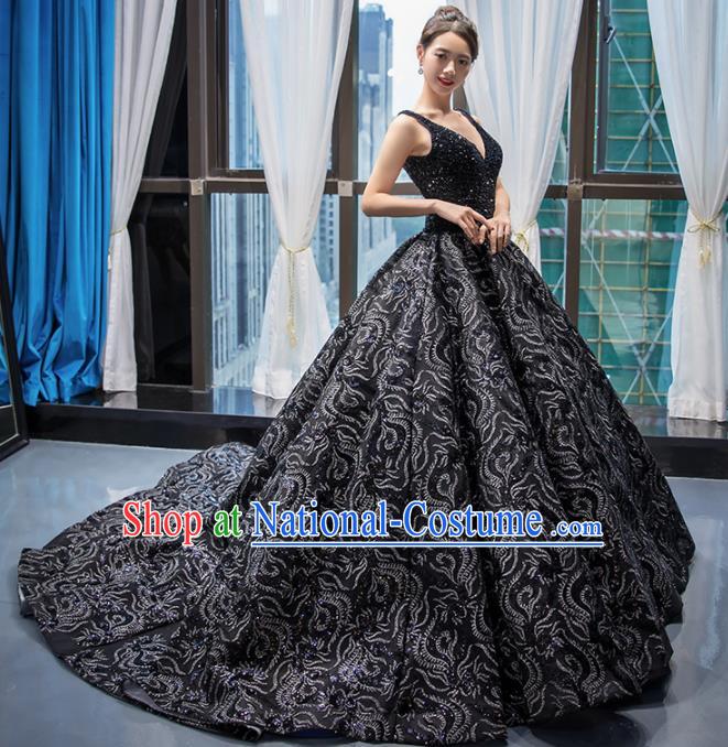 Top Grade Compere Embroidered Navy Full Dress Princess Trailing Wedding Dress Costume for Women