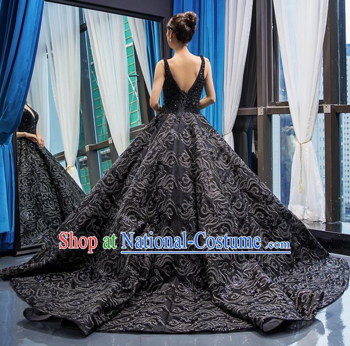 Top Grade Compere Embroidered Navy Full Dress Princess Trailing Wedding Dress Costume for Women