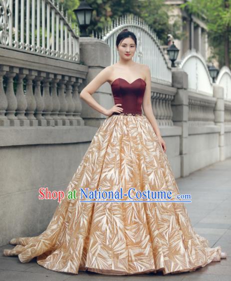 Top Grade Compere Golden Veil Trailing Full Dress Princess Embroidered Wedding Dress Costume for Women