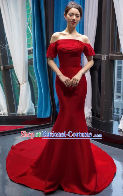 Top Grade Compere Red Full Dress Princess Trailing Wedding Dress Costume for Women