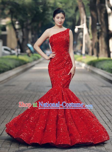 Top Grade Compere Red Veil Fishtail Full Dress Princess Embroidered Wedding Dress Costume for Women