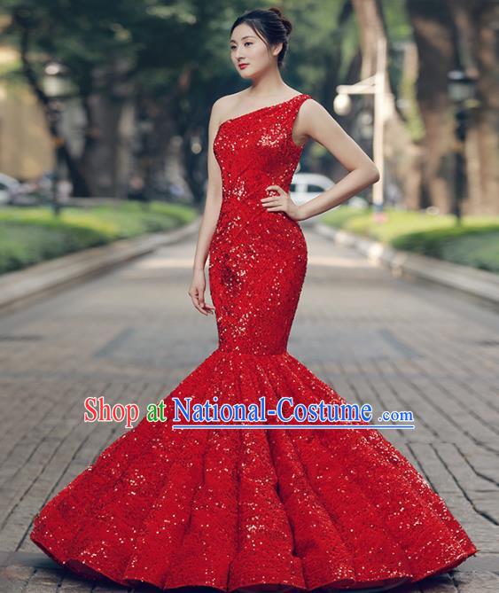 Top Grade Compere Red Veil Fishtail Full Dress Princess Embroidered Wedding Dress Costume for Women