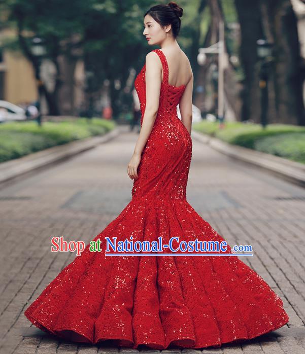 Top Grade Compere Red Veil Fishtail Full Dress Princess Embroidered Wedding Dress Costume for Women