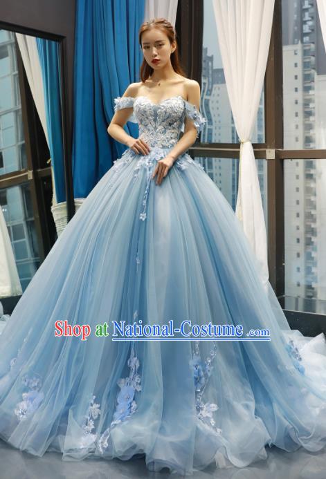 Top Grade Compere Blue Veil Full Dress Princess Trailing Wedding Dress Costume for Women