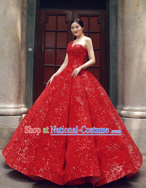 Top Grade Compere Red Veil Paillette Full Dress Princess Embroidered Wedding Dress Costume for Women