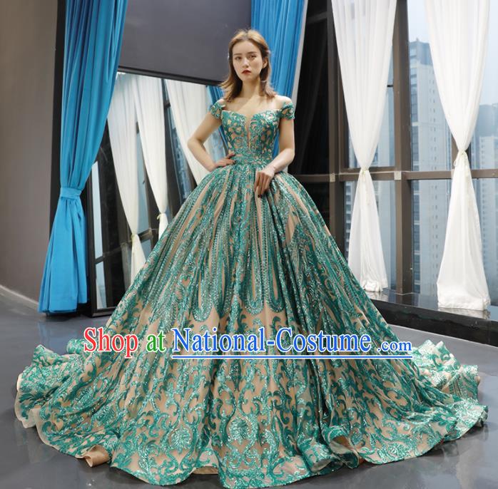 Top Grade Compere Green Trailing Full Dress Princess Bubble Wedding Dress Costume for Women