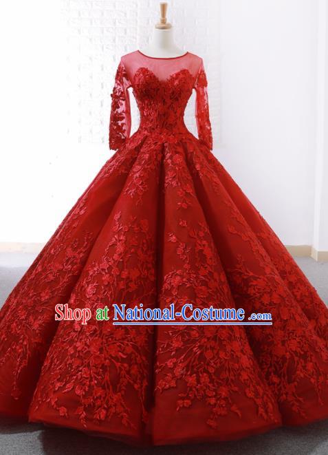 Top Grade Compere Red Bubble Full Dress Princess Embroidered Trailing Wedding Dress Costume for Women