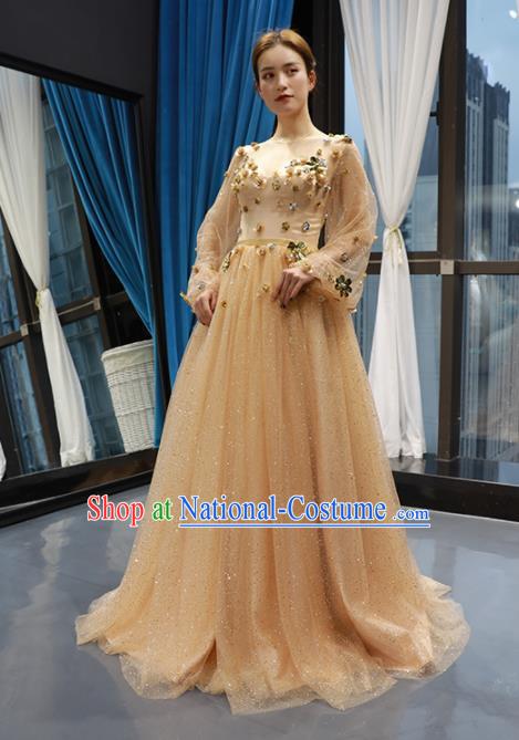 Top Grade Compere Golden Veil Full Dress Princess Trailing Wedding Dress Costume for Women