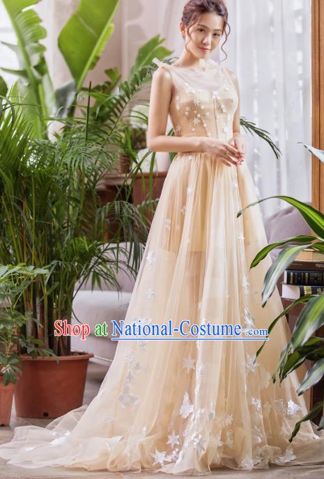 Top Grade Compere Champagne Full Dress Princess Embroidered Trailing Wedding Dress Costume for Women