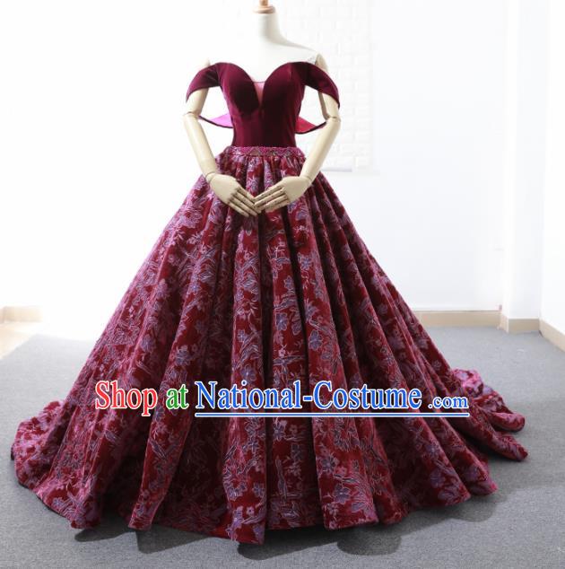 Top Grade Compere Wine Red Embroidered Full Dress Princess Trailing Wedding Dress Costume for Women