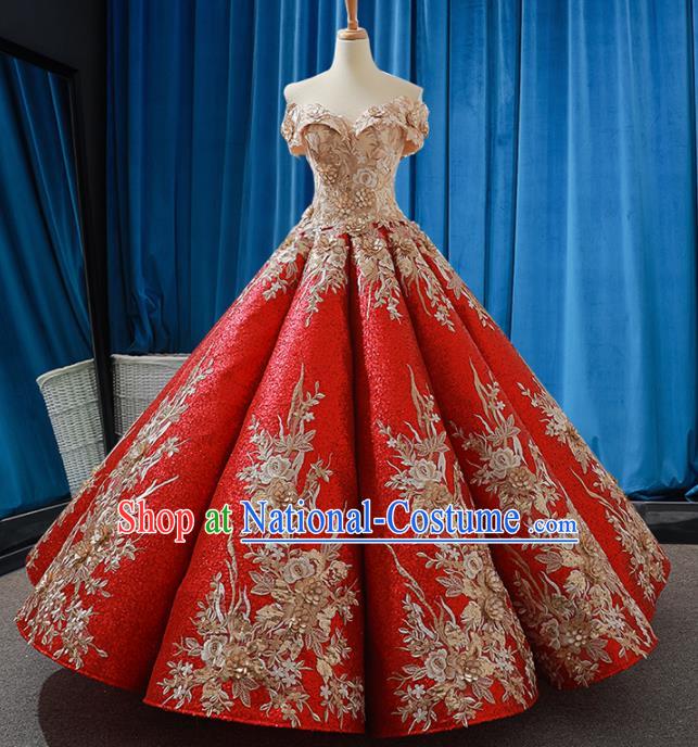 Top Grade Compere Embroidered Red Full Dress Princess Wedding Dress Costume for Women