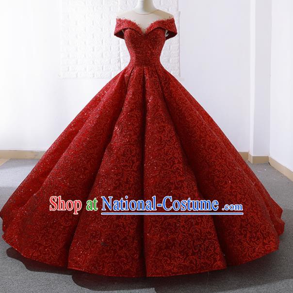 Top Grade Compere Embroidered Red Paillette Full Dress Princess Trailing Wedding Dress Costume for Women