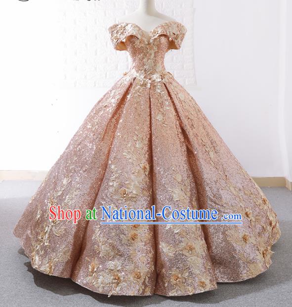 Top Grade Compere Embroidered Pink Full Dress Princess Bubble Wedding Dress Costume for Women