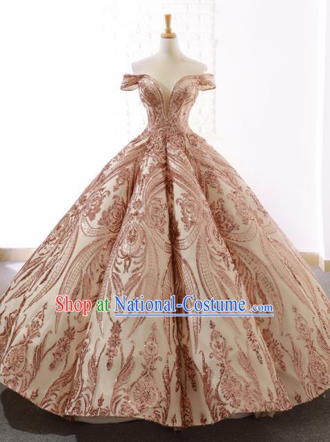 Top Grade Compere Pink Paillette Full Dress Princess Embroidered Bubble Wedding Dress Costume for Women