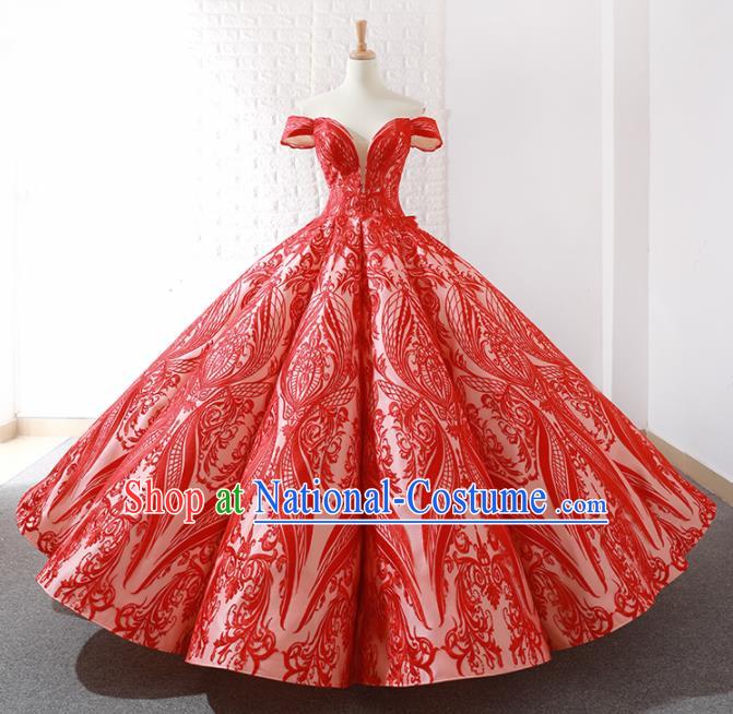 Top Grade Compere Red Paillette Full Dress Princess Embroidered Bubble Wedding Dress Costume for Women