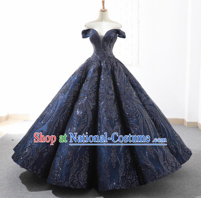 Top Grade Compere Navy Paillette Full Dress Princess Embroidered Bubble Wedding Dress Costume for Women