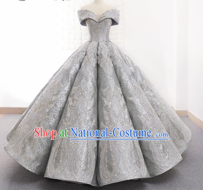 Top Grade Compere Grey Paillette Full Dress Princess Embroidered Bubble Wedding Dress Costume for Women