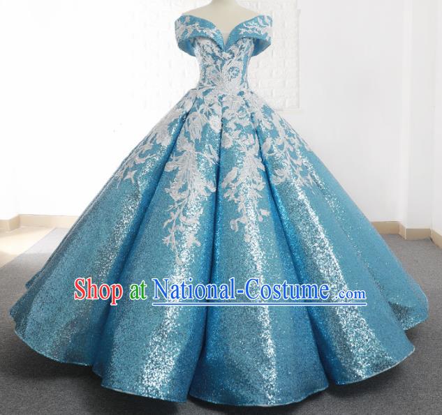 Top Grade Compere Light Blue Paillette Full Dress Princess Embroidered Bubble Wedding Dress Costume for Women