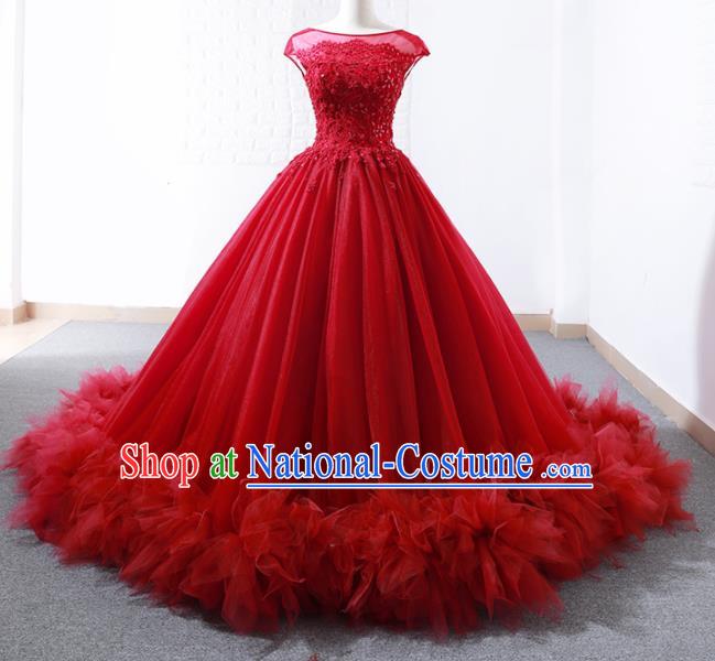 Top Grade Compere Full Dress Princess Red Veil Trailing Wedding Dress Costume for Women