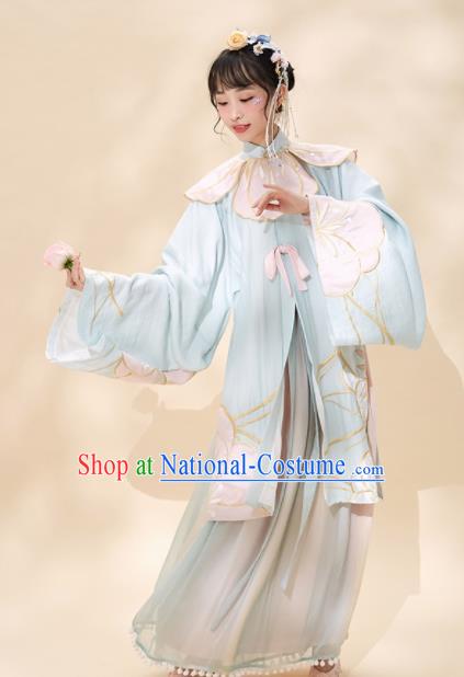 Chinese Traditional Peri Blue Hanfu Dress Ancient Ming Dynasty Princess Embroidered Costume for Women