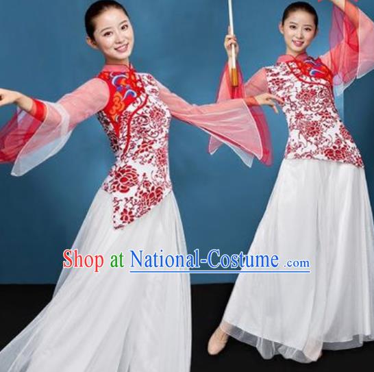 Chinese National Folk Dance Printing Red Peony Costume Traditional Yangko Dance Fan Dance Clothing for Women