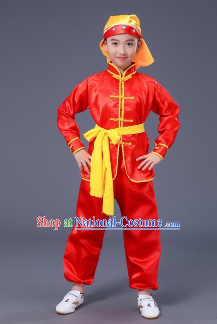 Chnese Traditional Folk Dance Costume Martial Arts Kung Fu Red Clothing for Kids