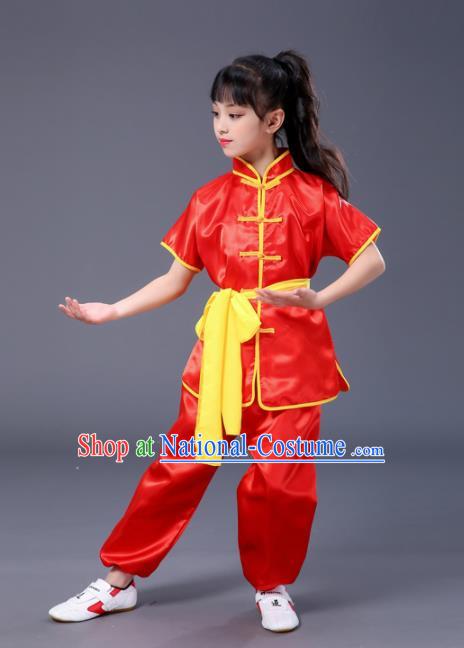 Chnese Traditional Folk Dance Short Sleeve Costume Martial Arts Kung Fu Red Clothing for Kids