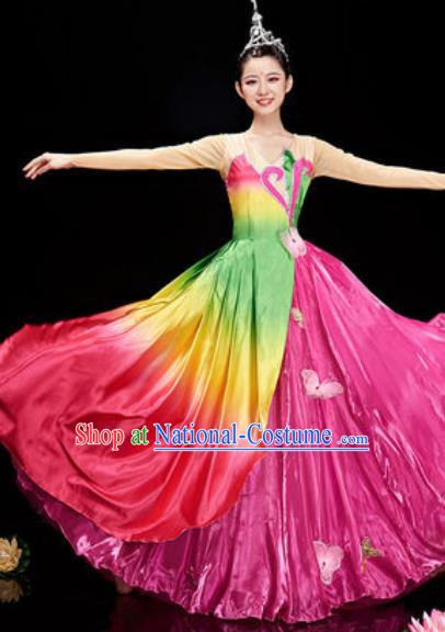 Chinese National Classical Dance Lotus Dance Rosy Costume Traditional Umbrella Dance Dress for Women