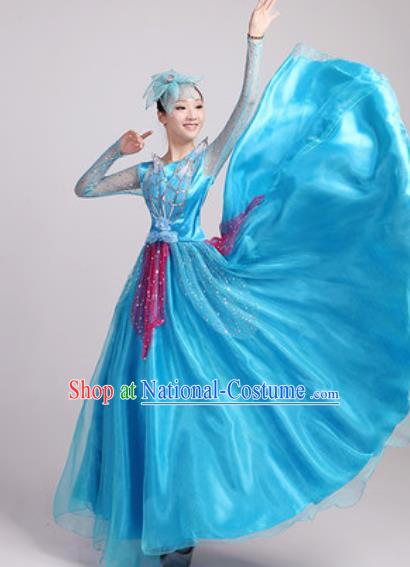 Chinese Traditional Spring Festival Gala Opening Dance Blue Veil Dress Modern Dance Costume for Women