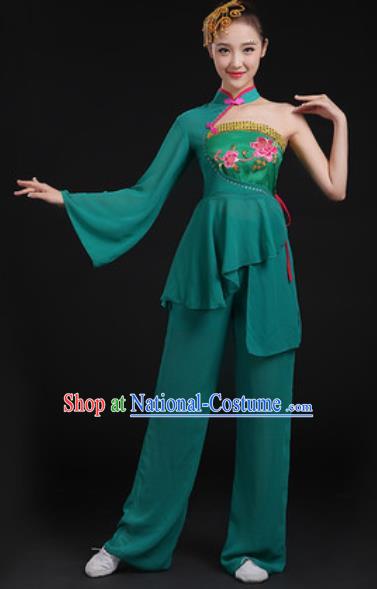 Chinese National Folk Dance Deep Green Costume Traditional Yangko Dance Fan Dance Clothing for Women