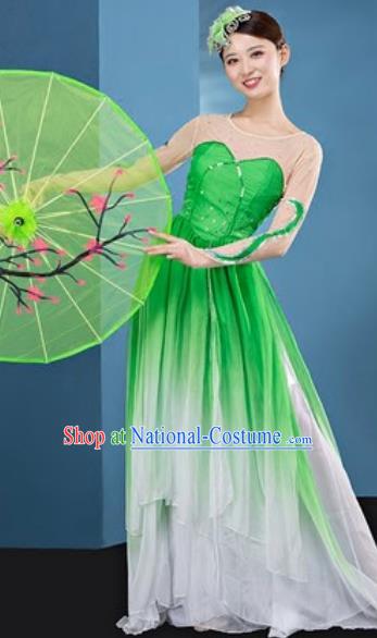 Chinese National Classical Dance Lotus Dance Green Dress Traditional Umbrella Dance Costume for Women