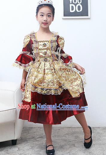 Europe Traditional Court Princess Dance Costume Drama Stage Performance Wine Red Dress for Kids