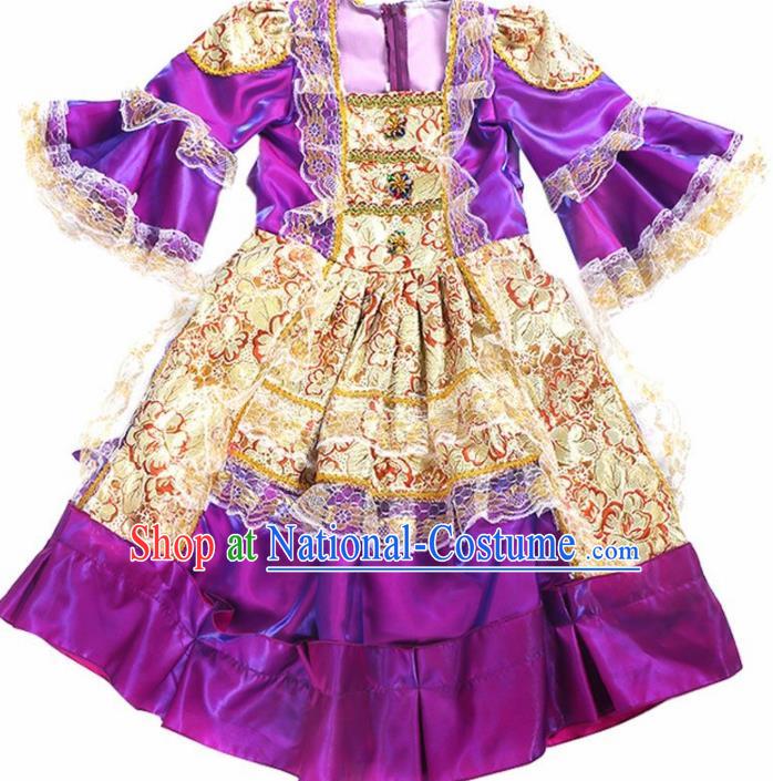 Europe Traditional Court Princess Dance Costume Drama Stage Performance Purple Dress for Kids